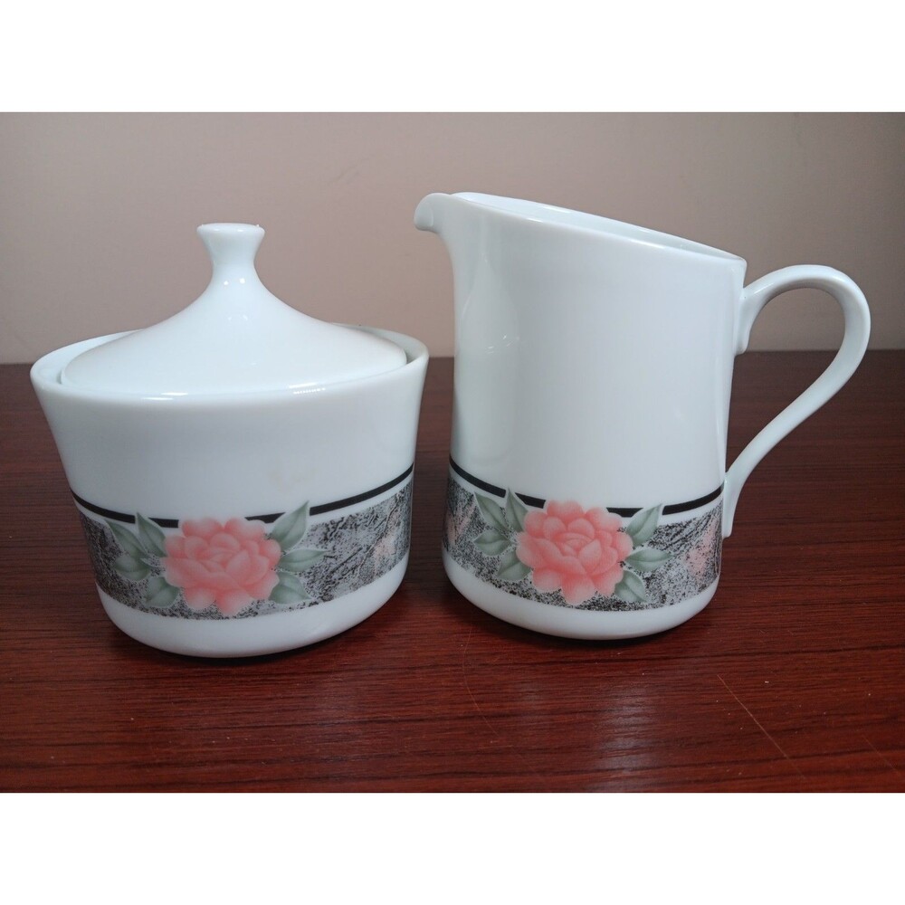 Corning Corelle Silk And Roses Sugar Bowl & Lid And Creamer Set USA EUC